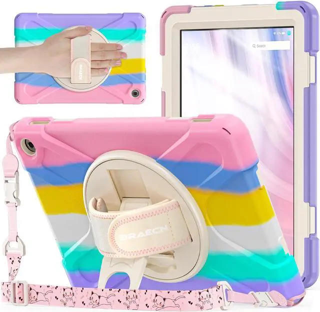Main image of BRAECNstock Kids Case for  Fire HD 10 Tablet 13th Gen 2023 Shockproof Protective Kindle Fire HD 10 Case with Screen Protector Rotating Hand Strap+Stand Shoulder Strap Pen Holder - Colorful Pink