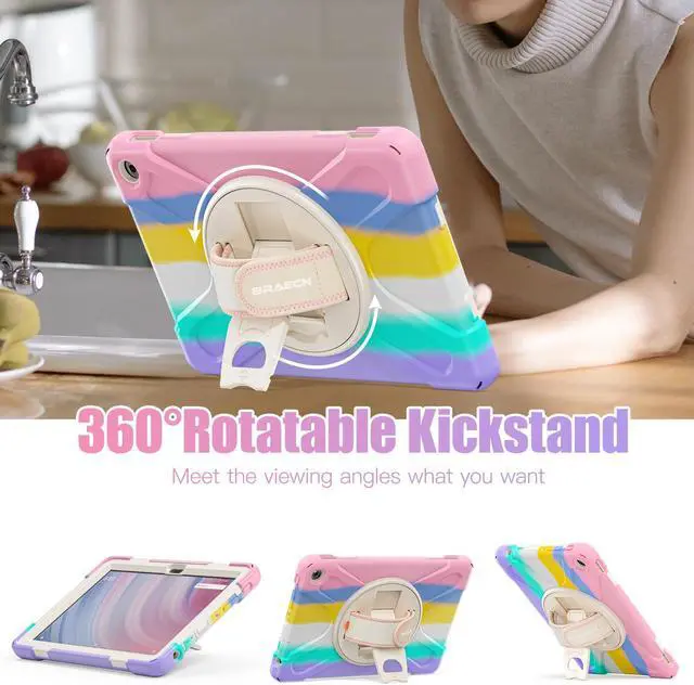 Alt view image 4 of 5 - BRAECNstock Kids Case for  Fire HD 10 Tablet 13th Gen 2023 Shockproof Protective Kindle Fire HD 10 Case with Screen Protector Rotating Hand Strap+Stand Shoulder Strap Pen Holder - Colorful Pink