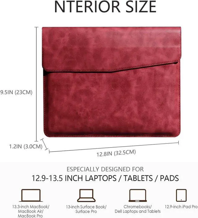 Alt view image 2 of 5 - CPNVWA Leather Laptop Sleeve for 13 Inch MacBook Air M3 2024 M2 2022 M1 2020,Genuine Leather Laptop Case for MacBook Pro M2 2022 M1 2020-2016,Laptop Cover for 13-13.3 Inch Notebook,Red