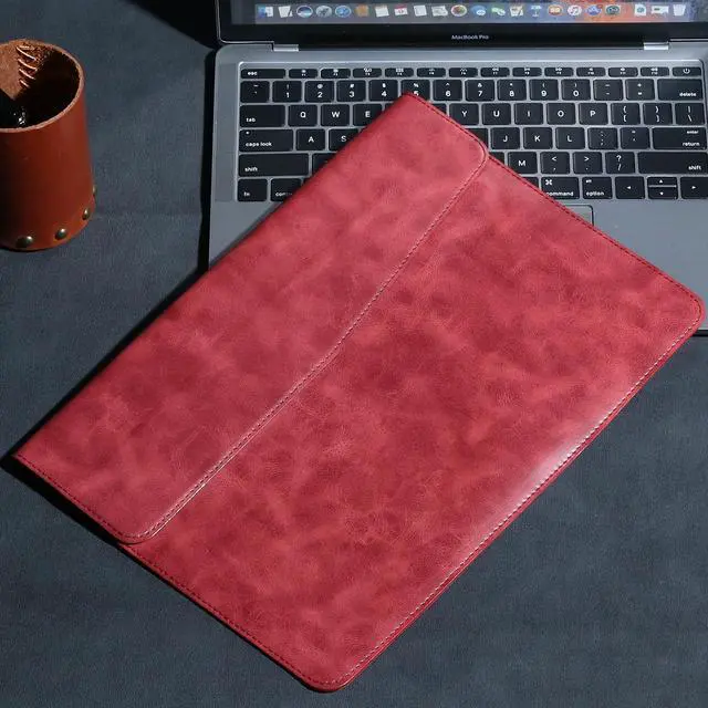 Alt view image 4 of 5 - CPNVWA Leather Laptop Sleeve for 13 Inch MacBook Air M3 2024 M2 2022 M1 2020,Genuine Leather Laptop Case for MacBook Pro M2 2022 M1 2020-2016,Laptop Cover for 13-13.3 Inch Notebook,Red