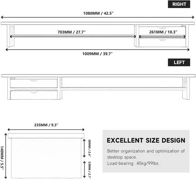 Alt view image 4 of 5 - Fenge Monitor Stand, Dual Monitor Riser, 42.5inch Large Desk Computer Monitor Stand Riser with Drawer, 2 Tier Wood & Acrylic Desktop Organizer for Computer, Laptop, Printer, TV Screen Riser