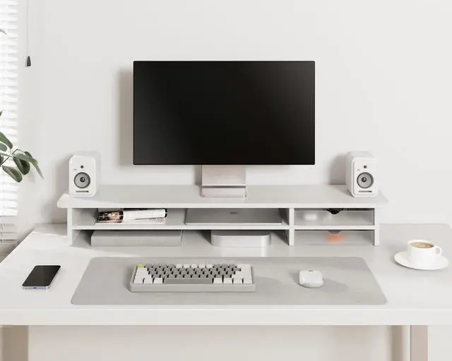 Alt view image 3 of 5 - Fenge Monitor Stand, Dual Monitor Riser, 42.5inch Large Desk Computer Monitor Stand Riser with Drawer, 2 Tier Wood & Acrylic Desktop Organizer for Computer, Laptop, Printer, TV Screen Riser