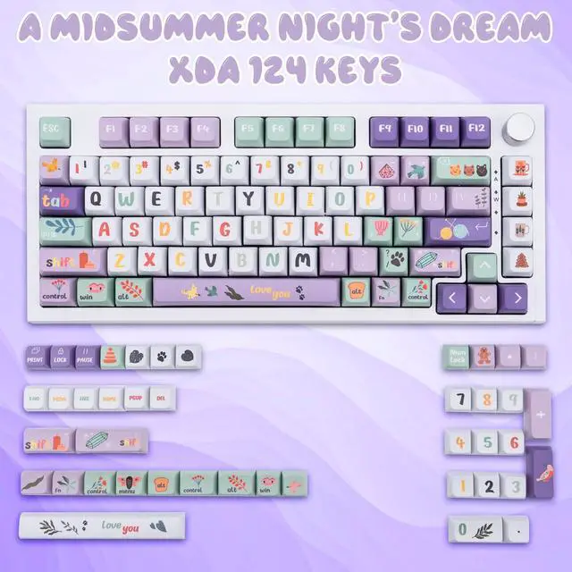 Alt view image 2 of 5 - Gekucap PBT 124-Key Anime Keycaps, White & Purple Dye-Sublimated Custom Cute Keycaps, XDA Profile Set for Cherry MX Switches Mechanical Keyboards (Summer Night's Dream Style)