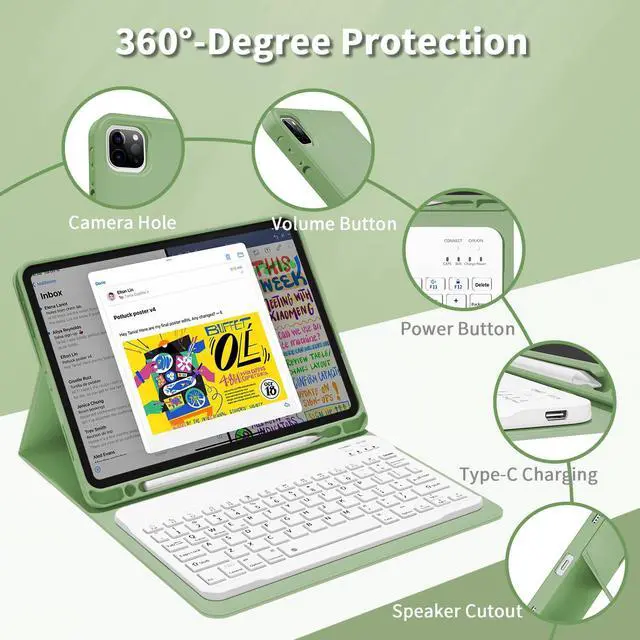 Alt view image 2 of 5 - GKABXY Keyboard Case for iPad Pro 11 inch (4th/3rd/2nd/1st Gen) 2022/2021/2020/2018, Detachable Wireless Bluetooth Keyboard Case with Pencil Holder for iPad Pro 11", Auto Sleep/Wake (Matcha)