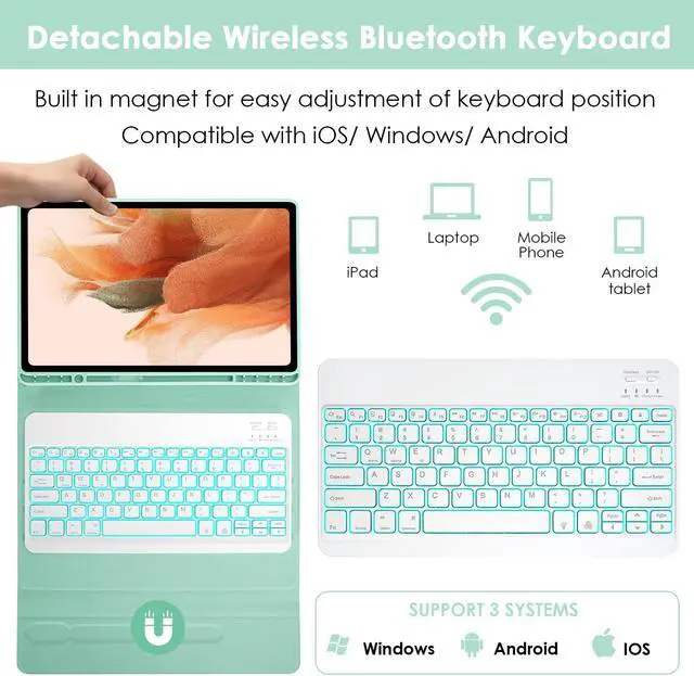 Alt view image 3 of 5 - LAMA Backlit Keyboard Case for Samsung Galaxy 12.4 inch S10 Plus/S9 FE+/S9+/S8+, 12.4" S7 FE/S7 Plus Case with Keyboard with S Pen Holder, Detachable Keyboard Case with Slim Cover, Green