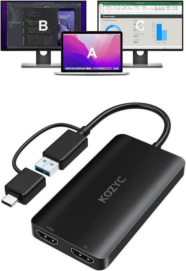 Main image of KOZYC USB 3.0 to HDMI Splitter Extended Display Dual Monitors, USB 3.0-A/C to Dual HDMI Adapter 4K@30Hz+1080p@60Hz Compatible MacBook/MacBook Pro Air Dell (MST Support MacOS/Windows)