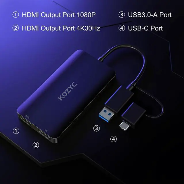 Alt view image 3 of 5 - KOZYC USB 3.0 to HDMI Splitter Extended Display Dual Monitors, USB 3.0-A/C to Dual HDMI Adapter 4K@30Hz+1080p@60Hz Compatible MacBook/MacBook Pro Air Dell (MST Support MacOS/Windows)