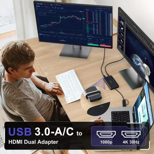 Alt view image 2 of 5 - KOZYC USB 3.0 to HDMI Splitter Extended Display Dual Monitors, USB 3.0-A/C to Dual HDMI Adapter 4K@30Hz+1080p@60Hz Compatible MacBook/MacBook Pro Air Dell (MST Support MacOS/Windows)