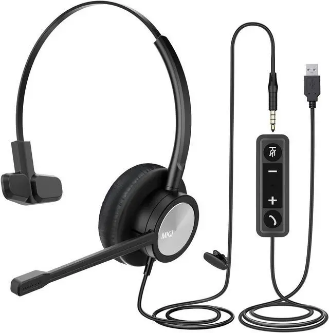 Main image of MKJ USB Headset with Microphone, Noise Cancelling PC Headphone with Volume Control, USB/3.5mm Headset for Computer, Cell Phone, Call Center, Office, Ms Teams, Zoom, Webex, Conference Meeting