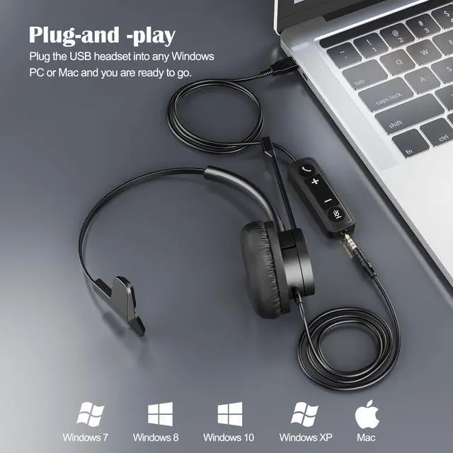 Alt view image 3 of 5 - MKJ USB Headset with Microphone, Noise Cancelling PC Headphone with Volume Control, USB/3.5mm Headset for Computer, Cell Phone, Call Center, Office, Ms Teams, Zoom, Webex, Conference Meeting