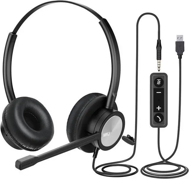 Main image of MKJ USB Headset with Microphone for PC, USB/3.5mm Computer Headset for Call Center & Home Office, Noise Cancelling Wired Headphone for Laptop, Skype, Ms Teams, Zoom, Webinar