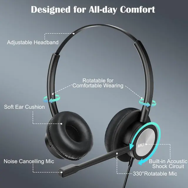Alt view image 3 of 5 - MKJ USB Headset with Microphone for PC, USB/3.5mm Computer Headset for Call Center & Home Office, Noise Cancelling Wired Headphone for Laptop, Skype, Ms Teams, Zoom, Webinar