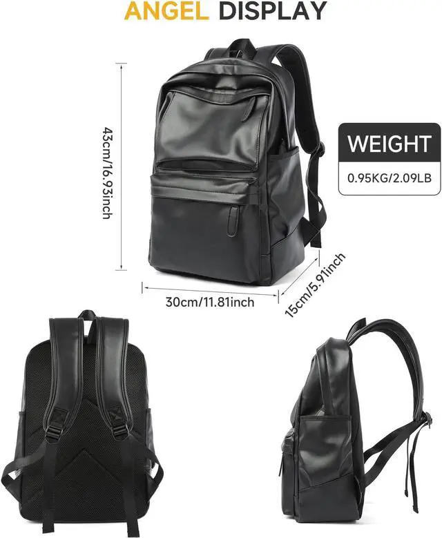 Alt view image 2 of 5 - MOYYI Leather Laptop Backpack for Men Black Fit 15.6inch Laptop Backpack Simplify Rucksack Waterproof for Work Commute Casual Daypack