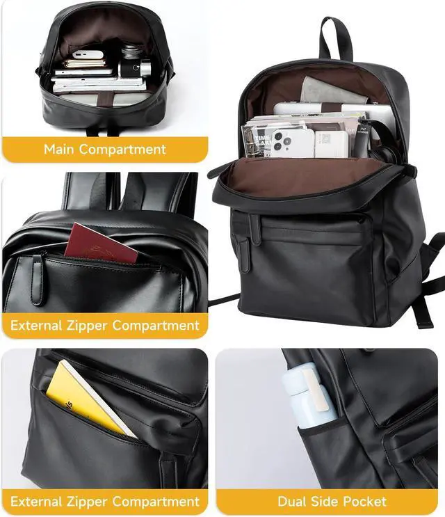 Alt view image 5 of 5 - MOYYI Leather Laptop Backpack for Men Black Fit 15.6inch Laptop Backpack Simplify Rucksack Waterproof for Work Commute Casual Daypack