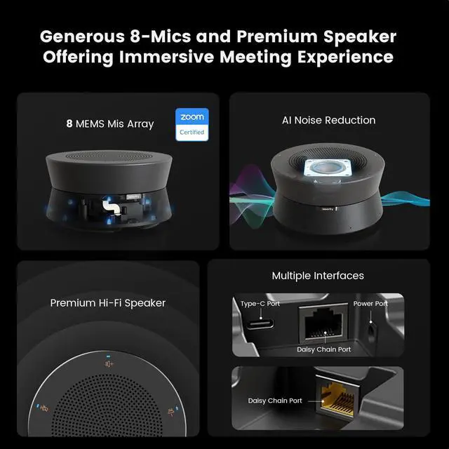 Alt view image 4 of 5 - Nearity A21S Zoom Certified Conference Speaker and Microphone, Speakerphone w/8 Mics, 16ft Voice Pickup, AI 2.0 Noise Cancelling, USB Speakermic with Daisy Chain, Works with Microsoft/Teams/Google Mee