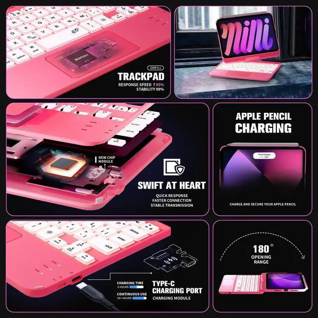 Alt view image 5 of 5 - NOKBABO iPad Mini 7 Keyboard Case 2024 (8.3 inch), 7-Color Backlight,Multi-Touchpad, 360degRotatable, Wireless Keyboard for iPad Mini 7th/6th Generation-Hot Pink