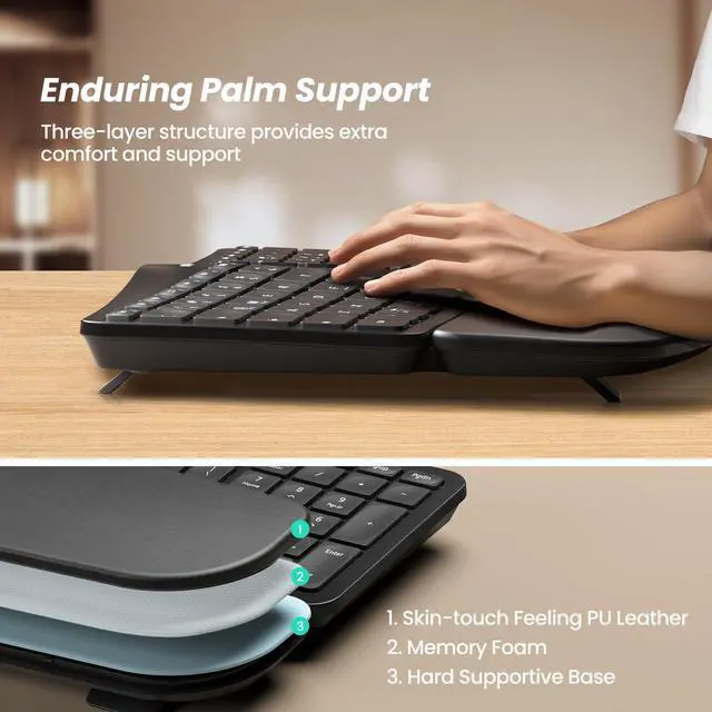 Alt view image 3 of 5 - Nulea KM75 Advanced Ergonomic Wireless Keyboard and Mouse Combo, Comfortable Natural Typing, Palm Rest, Multi-Device (Bluetooth, 2.4G, Wired), Rechargeable, for Multi-OS, Windows, Mac, Android(Black)