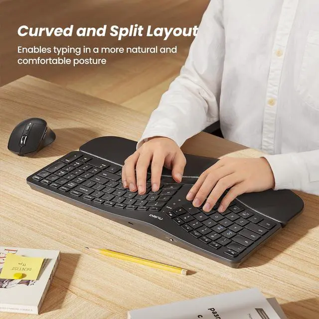 Alt view image 2 of 5 - Nulea KM75 Advanced Ergonomic Wireless Keyboard and Mouse Combo, Comfortable Natural Typing, Palm Rest, Multi-Device (Bluetooth, 2.4G, Wired), Rechargeable, for Multi-OS, Windows, Mac, Android(Black)