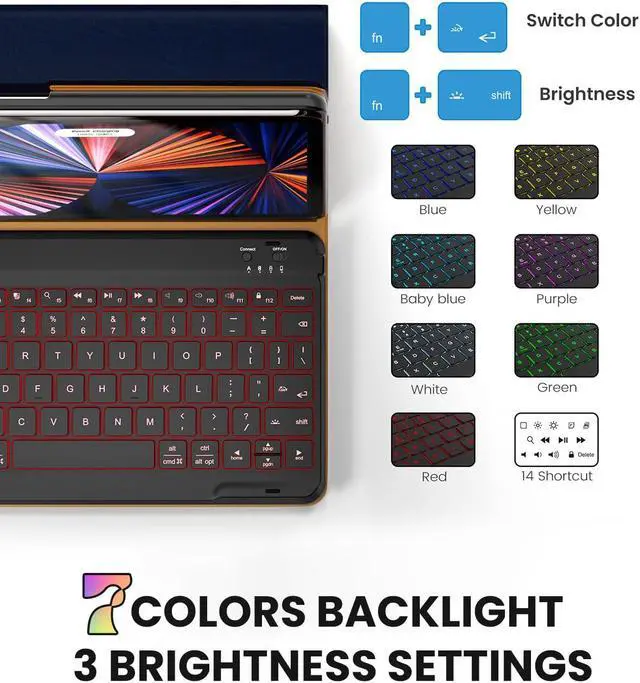 Alt view image 3 of 5 - OPAKIT Leather Keyboard Case for iPad Air 5th 4th Generation 10.9 inch Pro 11 1st/2nd/3rd/4th, 7 Color Backlight BT Keyboard Folio with Pencil Holder 2022 2021 2020 2018 (NavyBlue)