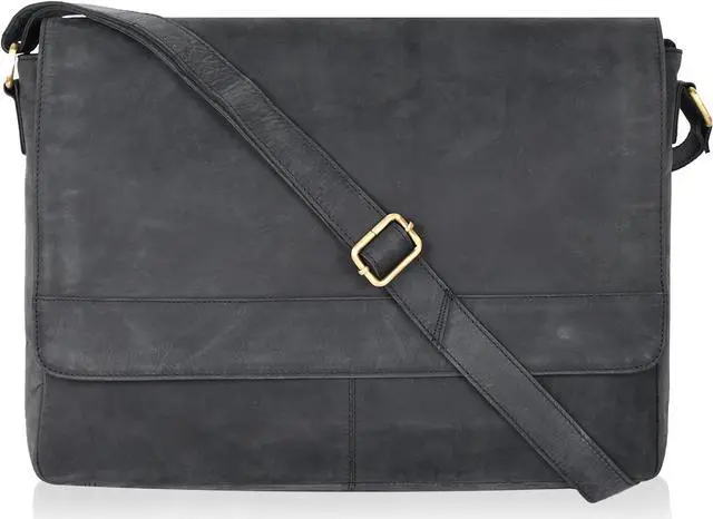 Main image of Ozora Genuine Leather Unisex Crossbody Messenger Bag with Adjustable Strap for 17 Inch Laptop, Travel, Office (Black Hunter)