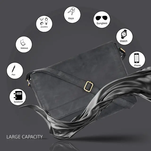 Alt view image 2 of 5 - Ozora Genuine Leather Unisex Crossbody Messenger Bag with Adjustable Strap for 17 Inch Laptop, Travel, Office (Black Hunter)