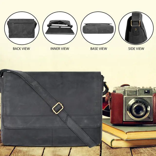 Alt view image 4 of 5 - Ozora Genuine Leather Unisex Crossbody Messenger Bag with Adjustable Strap for 17 Inch Laptop, Travel, Office (Black Hunter)