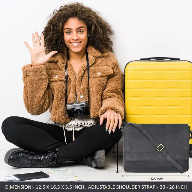 Alt view image 5 of 5 - Ozora Genuine Leather Unisex Crossbody Messenger Bag with Adjustable Strap for 17 Inch Laptop, Travel, Office (Black Hunter)