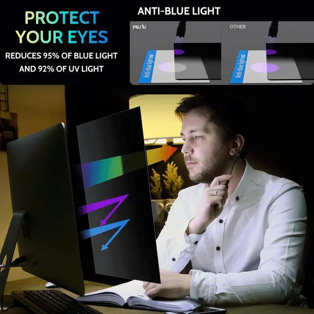 Alt view image 5 of 5 - Peslv 2-PACK 28 Inch Computer Privacy Screen for 16:9 Widescreen Monitor, 28inch Removable Anti Blue Light Glare Eye Protection Shield, Black Blackout Anti Spy Desktop Security Private Filter