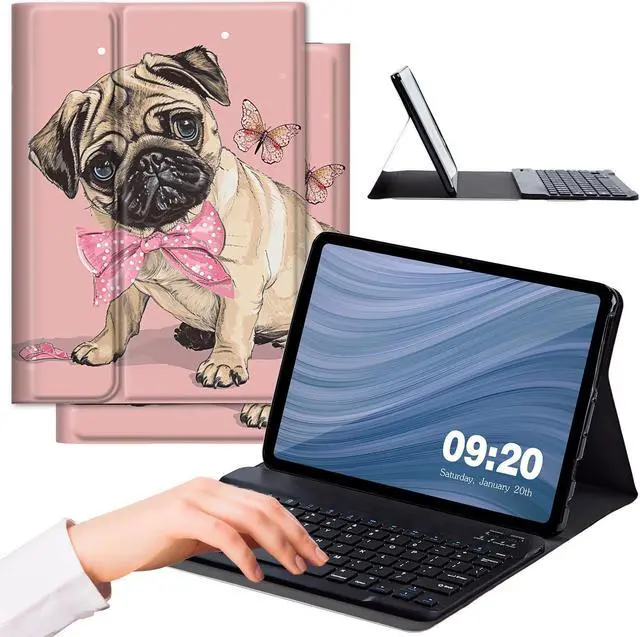 Main image of RMJKXQZG for  Fire Max 11 Keyboard Case, Strong Magnetic Sealing Leather Cover Detachable Wireless Keyboard for Kindle Fire 11th Generation 2023 Case for Women Men, Cute Pug with A Pink Bow