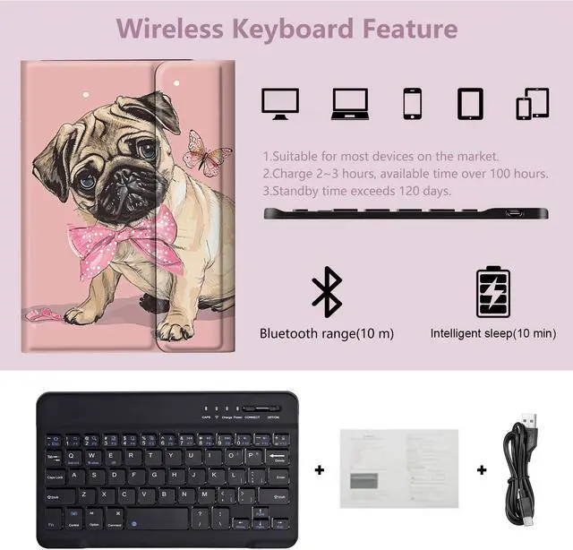 Alt view image 5 of 5 - RMJKXQZG for  Fire Max 11 Keyboard Case, Strong Magnetic Sealing Leather Cover Detachable Wireless Keyboard for Kindle Fire 11th Generation 2023 Case for Women Men, Cute Pug with A Pink Bow