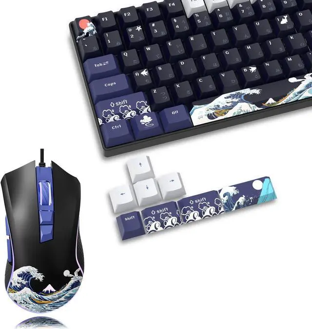 Main image of XVX PBT Keycaps 132 Keys, Great Wave Off Kanagawa Japanese Keyboard Keycaps + Wired Gaming Mouse