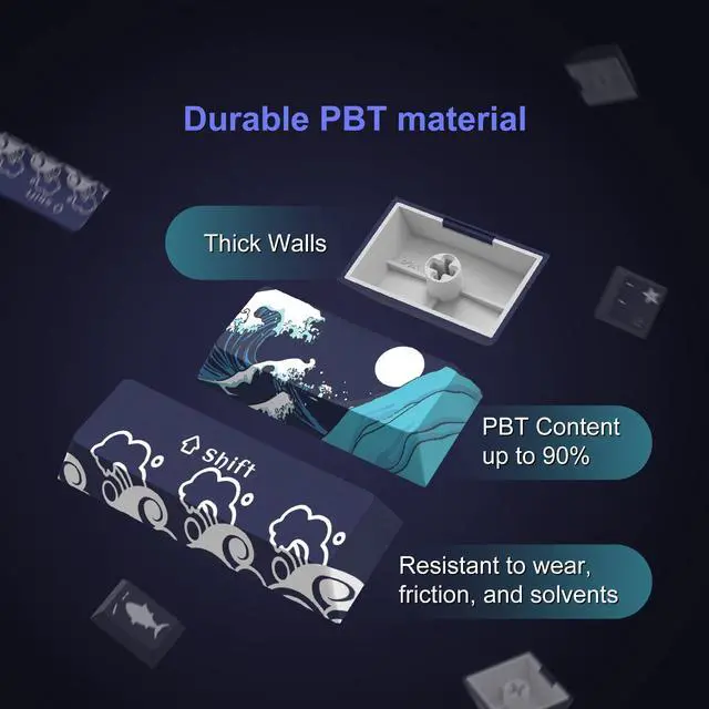 Alt view image 4 of 5 - XVX PBT Keycaps 132 Keys, Great Wave Off Kanagawa Japanese Keyboard Keycaps + Wired Gaming Mouse