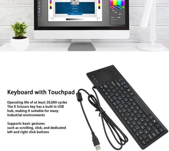 Alt view image 2 of 5 - Wired USB Keyboard with Touchpad, Compact Keyboard with HUB Function, Plug and Play, for Industrial, Food Service, Marine, Manufacturing