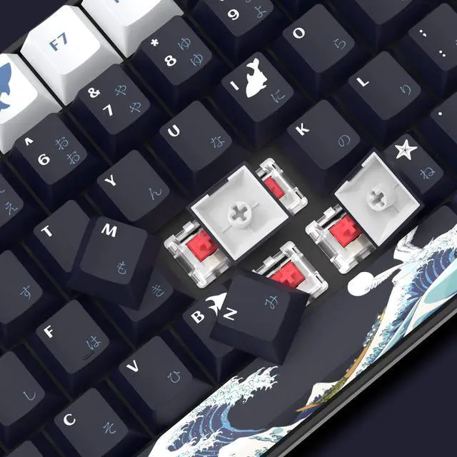 Alt view image 5 of 5 - XVX PBT Keycaps 132 Keys, Great Wave Off Kanagawa Japanese Keyboard Keycaps + Wired Gaming Mouse