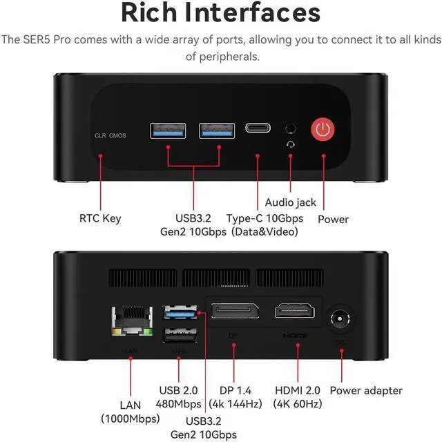 Alt view image 5 of 5 - Beelink SER5 Mini PC,AMD Ryzen 7 5700U(8C/16T,up to 4.3 GHz),Mini Computer 16GB DDR4 RAM 500GB M.2 SSD Graphics 8 core 1900 MHz Three-Screen Display/Wifi6/BT5.2/HDMI+DP+Type-C,Auto Power On