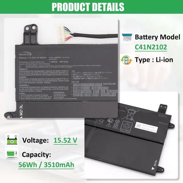 Alt view image 2 of 5 - RHKRKQN C41N2102 Laptop Battery Replacement for Asus ROG Flow Z13 GZ301 Z13 GZ301VF GZ301VI GZ301VU GZ301VV GZ301ZA NR2201 NR2201ZA GZ301ZE-Z13.I93050T Series C41N2102-1 0B200-04100000 15.52V 56Wh