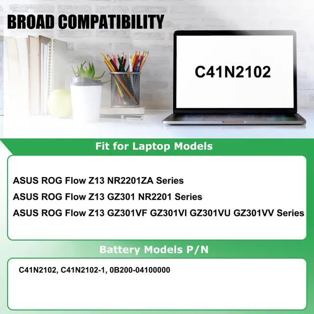 Alt view image 3 of 5 - RHKRKQN C41N2102 Laptop Battery Replacement for Asus ROG Flow Z13 GZ301 Z13 GZ301VF GZ301VI GZ301VU GZ301VV GZ301ZA NR2201 NR2201ZA GZ301ZE-Z13.I93050T Series C41N2102-1 0B200-04100000 15.52V 56Wh