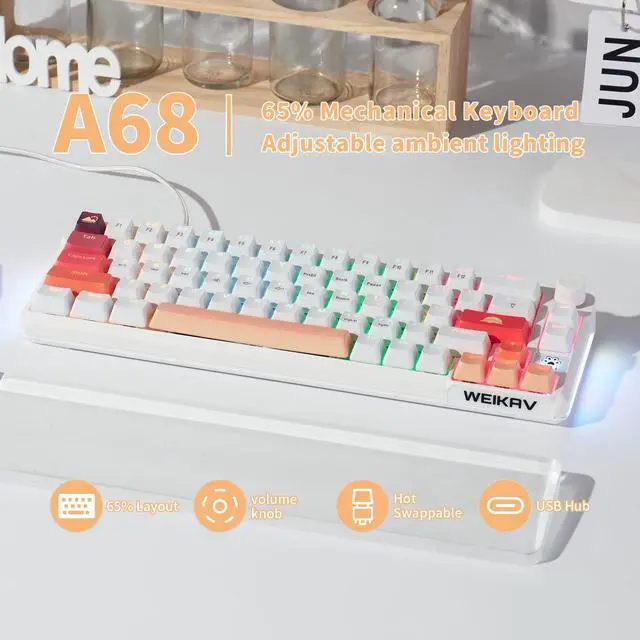 Alt view image 3 of 5 - SUEHIODHY A68 Hot Swappable Mechanical Keyboard 68 Keys Backlit RGB Gaming Keyboard with Multimedia Volume Knob for Win/Mac (Dustproof Tea Switch)
