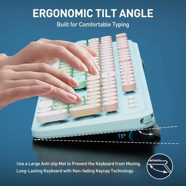 Alt view image 3 of 5 - Wireless Keyboards Mouse Combos, Colorful Cute Typewriter Full-Size Retro Round Keycaps, 2.4GHz Cordless Sleep Mode Office Quiet Wireless Keyboard and Mouse Set for Desktop Laptop PC Computer