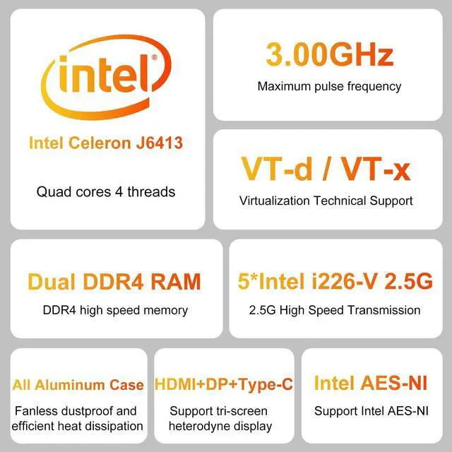 Alt view image 4 of 5 - ZHIANN Micro Firewall Appliance, Inter J6413 Fanless Firewall Mini PC, 5 Inter 2.5Gbe I226-V Ports, Support AES-NI Soft Router PC VPN OPNsense Proxmox, 8GB RAM 128GB SSD