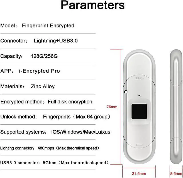 Alt view image 5 of 5 - for iPhone USB3.0 Encrypted Drive Drive External Storage Fingerprint Encryption USB Flash Drive for iPhone/iPad/iPadmini/Mac/PC USB3.0 Flash Drive 256GB