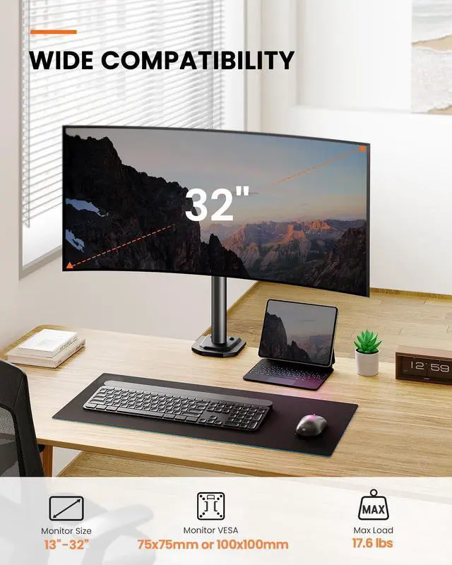 Alt view image 2 of 5 - Ergear Monitor Mount for Most 13-32" Computer Screens up to 17.6lbs, Improved LCD LED Monitor Riser, Adjustable Height and Angle, Single Desk Mount Stand, Black, EGCM12