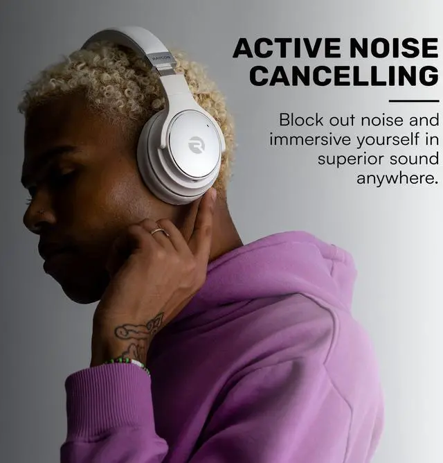 Alt view image 4 of 5 - Raycon Everyday Wireless Bluetooth Over Ear Headphones, with Active Noise Cancelling, Awareness Mode and Built in Microphone, IPX 4 Water Resistance, 38 Hours of Battery Life (Frost White)