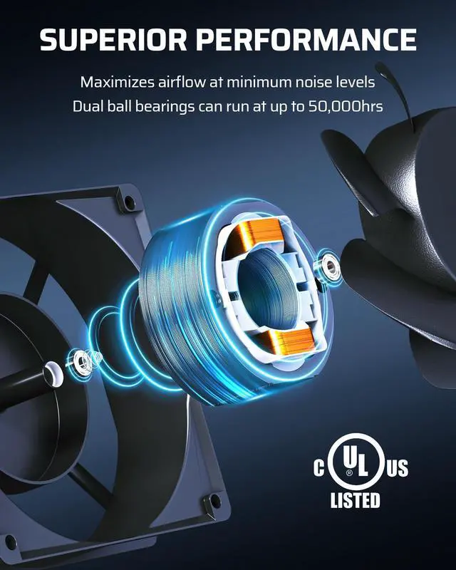 Alt view image 3 of 5 - DEWENWILS 2 Pack 120V AC Fan, Waterproof Exhaust Fan 80mm, 14W 2470RPM 21CFM, DIY Cooling Fan for Refrigerator, Computer Case, Compressor Engine, Generator, UL Listed