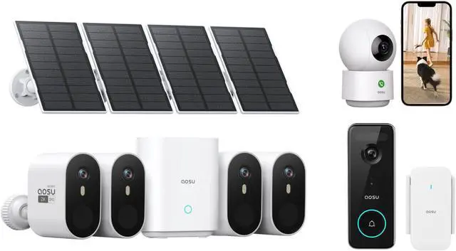 Main image of AOSU SolarCam Pro System 4-Kit + 2K Indoor Camera + 5MP Doorbell Camera - No Monthly Fee