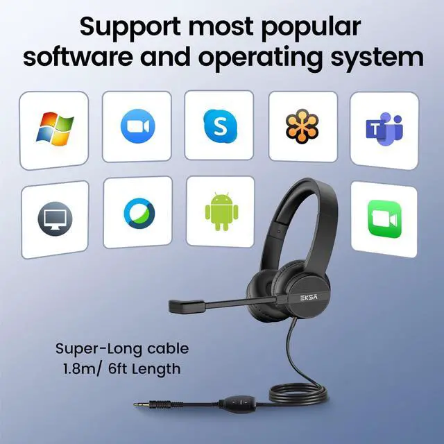Alt view image 5 of 5 - EKSA Headset with Microphone for PC, 3.5mm Wired Computer Headsets with Volume & Mic Mute Controls, Lightweight All-Day Comfort Noise Cancelling Headphones for Laptop Work Office Call Center Skype