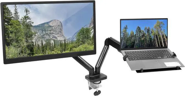Alt view image 2 of 5 - Mount-It! Laptop and Monitor Desk Stand - Full Motion Laptop Arm Stand - Ergonomic Adjustable Monitor Mount - VESA Monitor Desk Mount with Laptop Tray