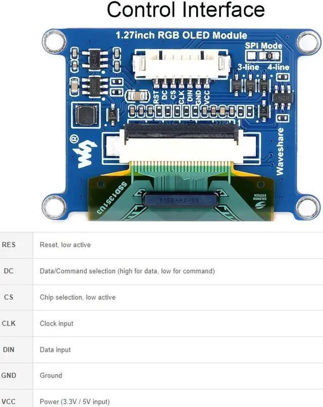 Alt view image 3 of 5 - waveshare 1.27inch RGB OLED Display Module 128×96 Resolution Screen, 262K RGB Colors SPI Interface 3.3V / 5V Operating Voltage, for Ardu/Raspberry Pi/STM32