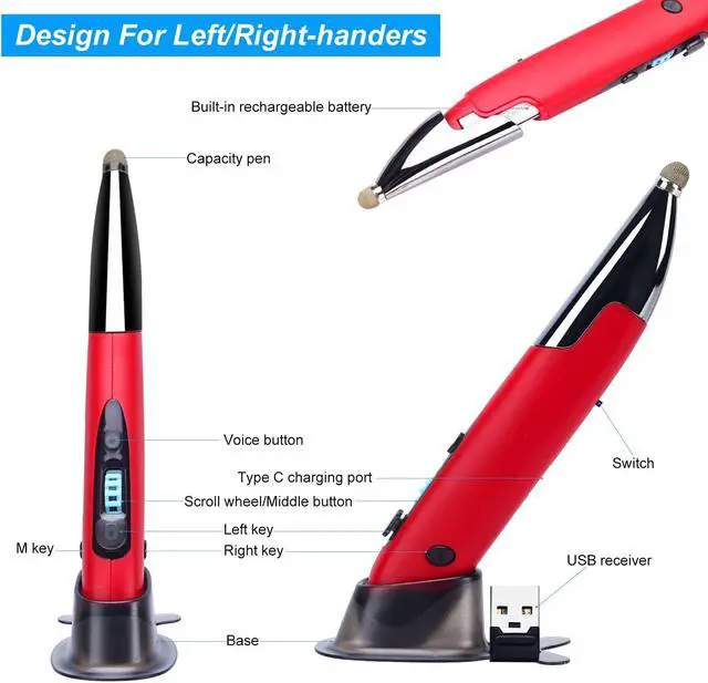 Alt view image 5 of 5 - lychee Optical Pocket Pen Mouse with Voice Control and Bluetooth Function, Wireless Handwriting Mini Mice for PC Laptop Notebook Computer(Red)