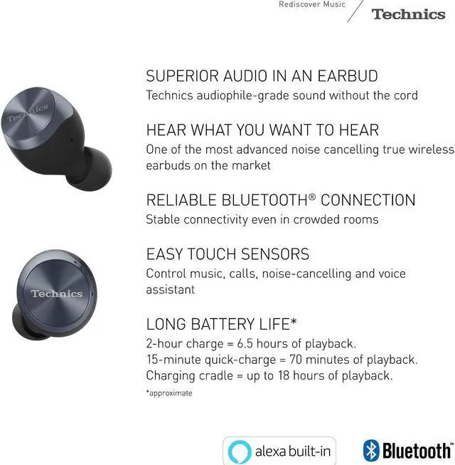 Alt view image 2 of 5 - Technics True Wireless Earbuds, Bluetooth Earbuds, Dual Hybrid Technology, Hi-Fi Sound, Compact Design, Alexa Compatible, (EAH-AZ70W-K), Black